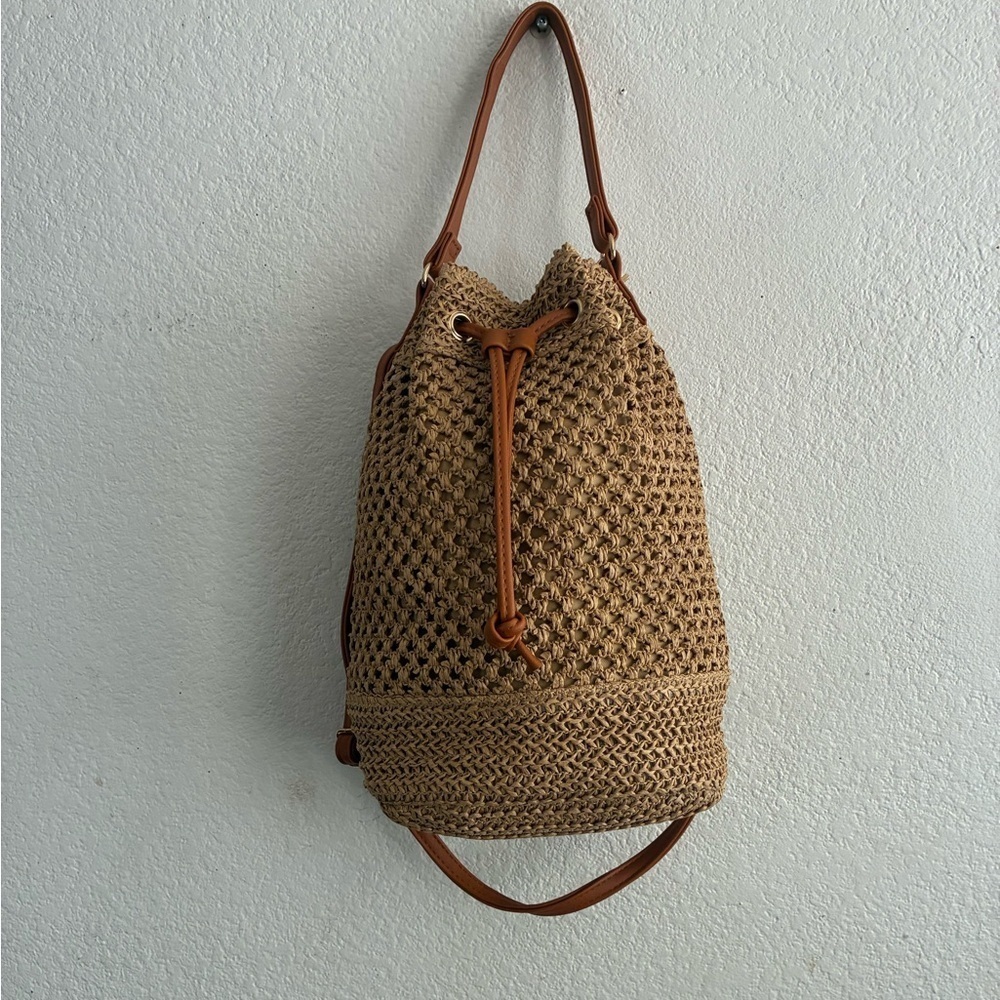 Tan Woven Straw Hollow Bucket Crossbody Bag Handbag Tan - Picture 3 of 12